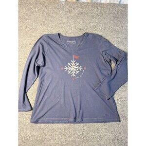 Life is Good Womens T-Shirt XL Blue V-Neck Long Sleeve North Pole